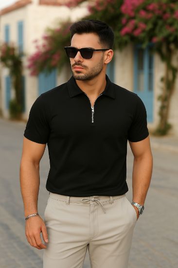 Erkek Kısa Kollu Yakalı önden Fermuarlı Viskon Iki Iplik Bluz resmi